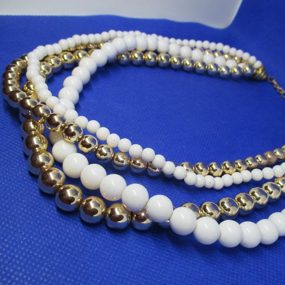 Four Strand Metallic Gold Tone White Beaded Necklace Multi Strand Bead  Necklace - Picture 4 of 10